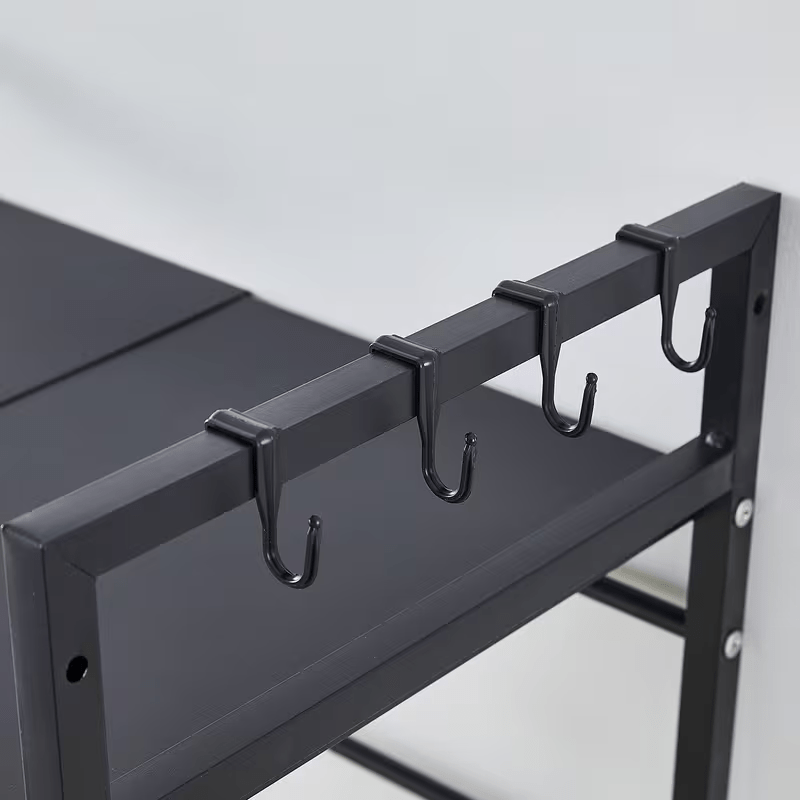 Étagère micro-ondes extensible à 3 niveaux, Organisateur d'armoire micro-ondes de comptoir de cuisine, Étagère micro-ondes en métal avec 6 crochets, Étagère de rangement d'organisation de cuisine réglable pour le stockage d'appareils de cuisine tels que l
