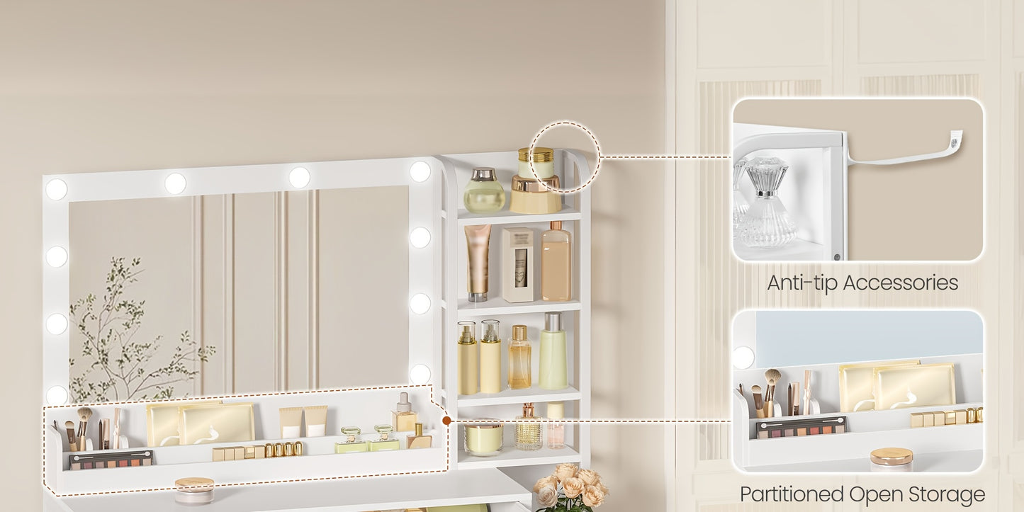 Coiffeuse avec grand miroir, 5 tiroirs, 5 compartiments ouverts, espace de rangement devant le miroir, moderne, blanche, 40 × 110 × 141 cm