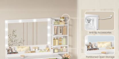 Coiffeuse avec grand miroir, 5 tiroirs, 5 compartiments ouverts, espace de rangement devant le miroir, moderne, blanche, 40 × 110 × 141 cm
