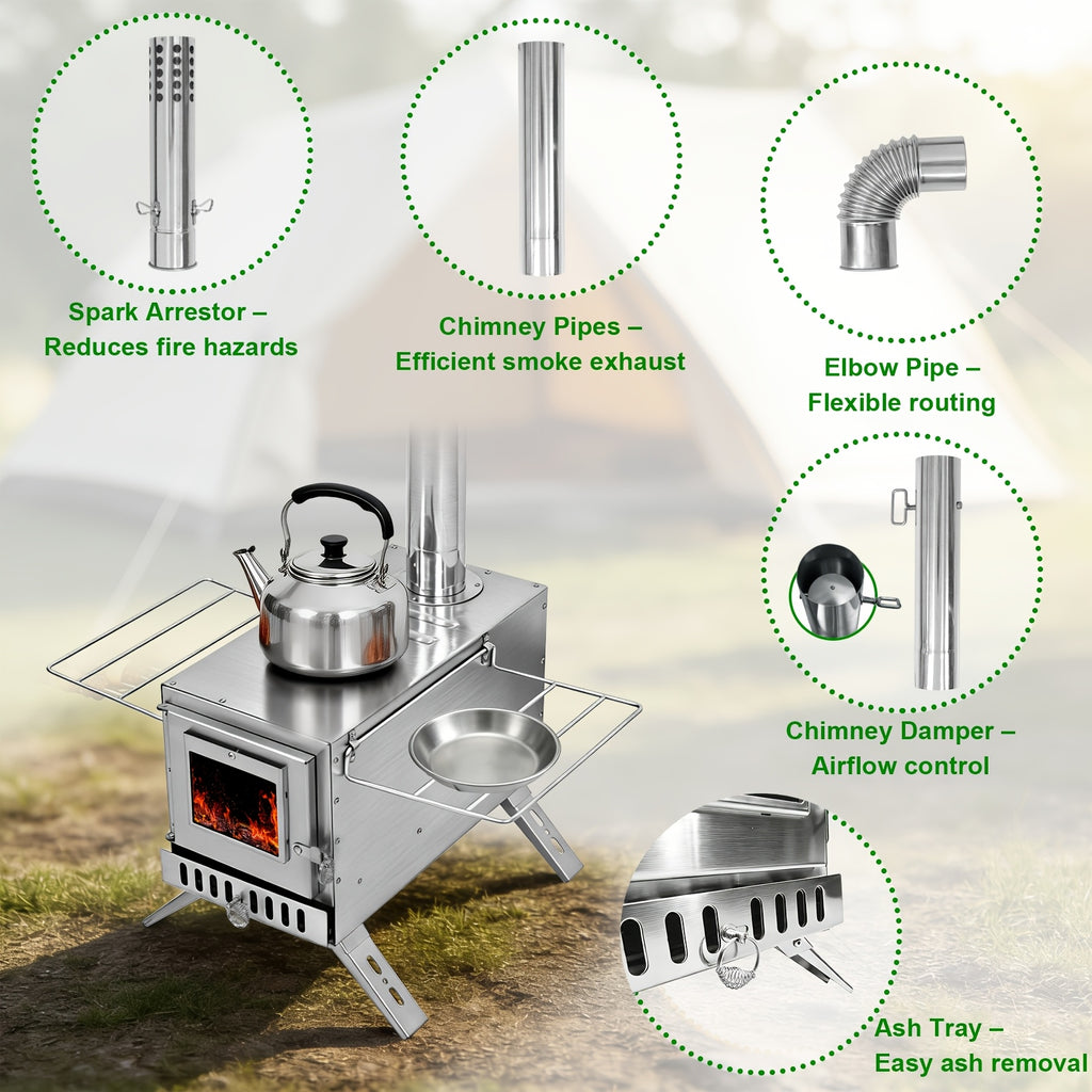 Poêle à bois pour tente, cheminée en acier inoxydable en 7 sections, poêle portable pour tente chauffante, camping, chasse, pêche sur glace