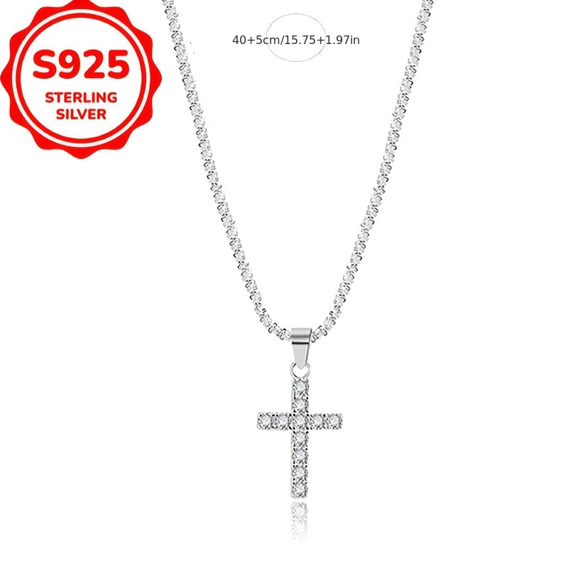 Collier avec pendentif croix argenté Shiny S925, chaîne clavicule minimaliste et tendance de style ethnique pour femmes, met en valeur la personnalité et l'élégance.