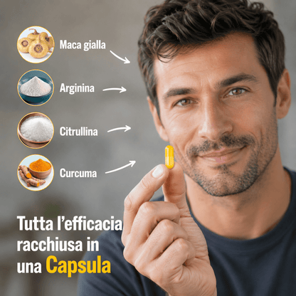 Intégrateur Homme avec Maca Jaune, Arginine, Citrulline et Curcuma - Livraison Rapide depuis le Magasin Local - 30 Capsules Fabriquées en Italie