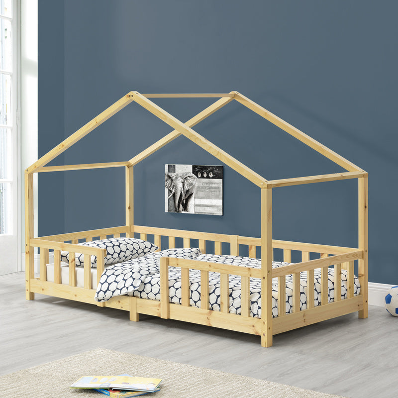 Lit pour enfants Treviolo de style maison avec protection contre les chutes en bois de pin