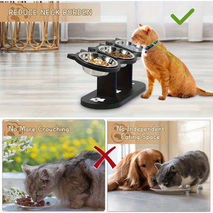 Ensemble de Gamelle surélevée pour Chat avec 4 Bols en Acier Inoxydable - Gamelle Inclinée à 15°, Hauteur Réglable avec Support Noir, Cadeau Idéal pour les Propriétaires d'Animaux