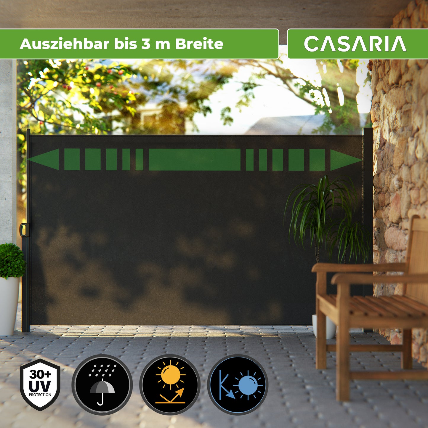 CASARIA® Nosara 180X300Cm Auvent Pare-soleil Rétractable Coupe-vent et Imperméable pour Balcon, Terrasse et Jardin, Anthracite