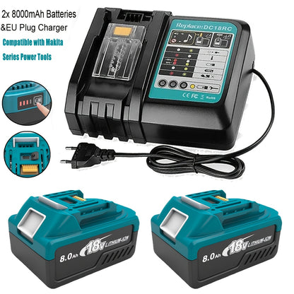 Batterie 18V 8.0Ah améliorée 2pcs + Chargeur / Chargeur exclusif pour Makita BL1860B - Lithium-ion haute capacité 8000Mah, ports de charge Type-C, système 6-Protect, compatible avec les outils/chargeurs Makita 18V & charge multi-appareils pour la maison