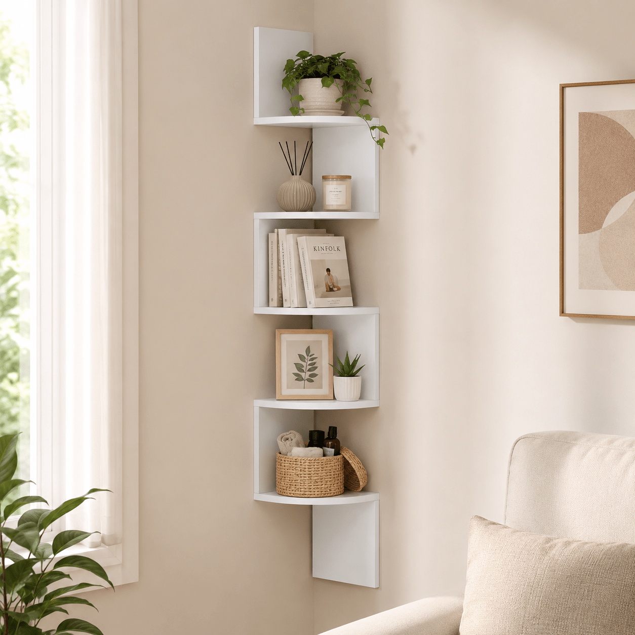 Étagère murale à 5 niveaux peu encombrante pour la maison - Support mural flottant zigzag, bibliothèque moderne pour cuisine, chambre, salon et bureau, dimensions 20 X 20 X 126 cm, accessoires pour la maison