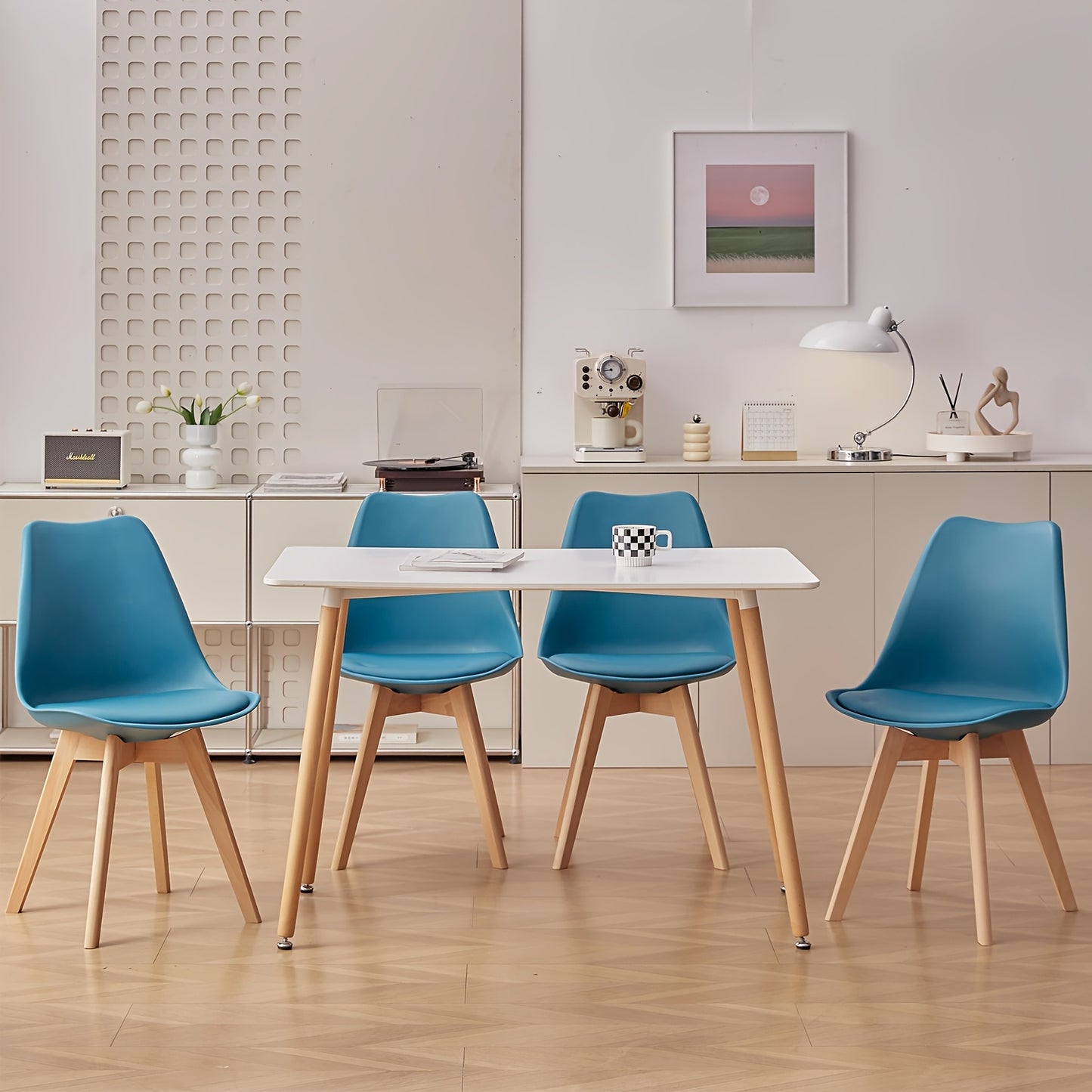 Ensemble de 6 chaises de salle à manger modernes du milieu du siècle, chaises de cuisine, chaises de bureau, chaise coquillage de designer avec coussins ergonomiques en similicuir et pieds en bois massif pour cuisine, salon, chambre à coucher, blanc