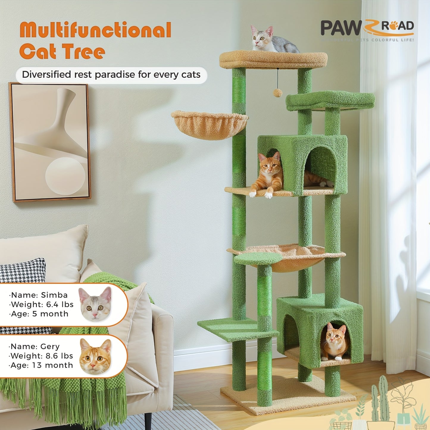 Arbre à chat d'intérieur Pawz Road 175 cm pour grands chats, grande tour pour chats adultes avec hamac super grand, tour d'escalade pour chat avec griffoirs, condo et grand perchoir supérieur