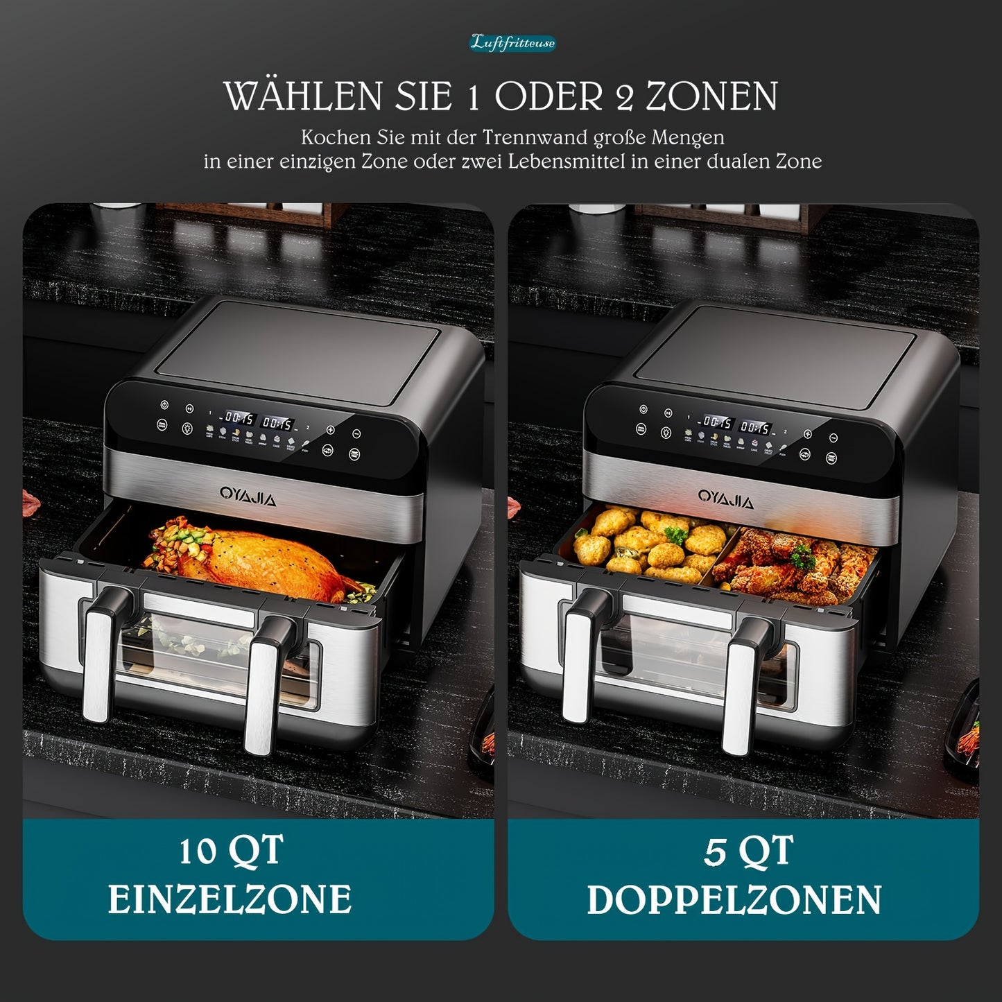 Friteuse à air 10L avec fenêtres d'affichage faciles - Friteuse à air XXL 8 en 1 avec panier flexible, séparateur pour double cuisson, finition synchronisée, panier lavable au lave-vaisselle, double friteuse à air numérique - Noir