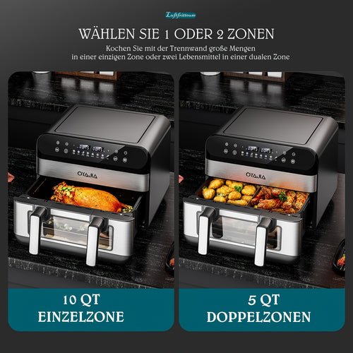 Friteuse à air 10L avec fenêtres d'affichage faciles - Friteuse à air XXL 8 en 1 avec panier flexible, séparateur pour double cuisson, finition synchronisée, panier lavable au lave-vaisselle, double friteuse à air numérique - Noir