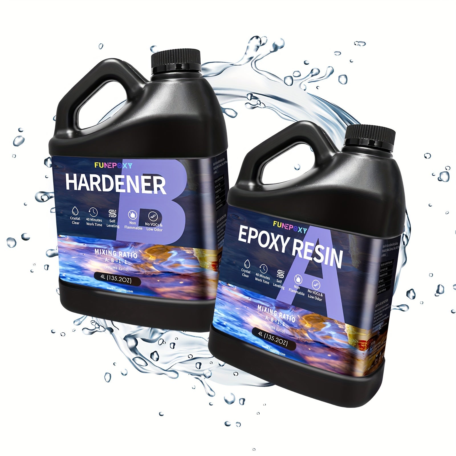 Kit de résine époxy claire FUNEPOXY 8L/4L/2L/1L/500ml, auto-nivelante sans résine avec mélangeur, pour bricolage, revêtement bois, bijouterie, tumblers, bars et revêtement de surface