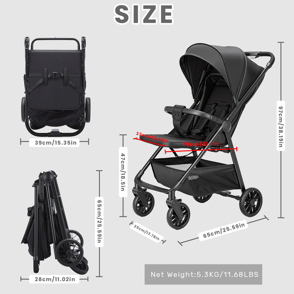 Poussette Bébé, Landau, Poussette pour Tout-Petits avec Siège Inclinable, Poussette Ultra-Compacte avec Grand Panier de Rangement, Auvent, pour Poussette de Voyage