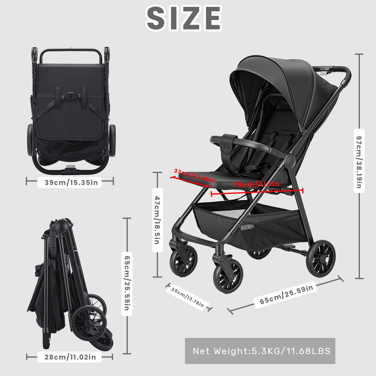 Poussette Bébé, Landau, Poussette pour Tout-Petits avec Siège Inclinable, Poussette Ultra-Compacte avec Grand Panier de Rangement, Auvent, pour Poussette de Voyage