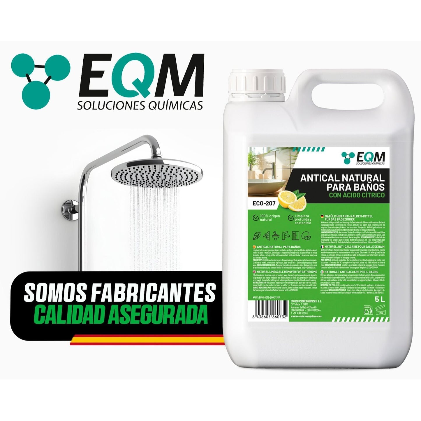 EQM - ECO-207 - ly Nettoyant pour salle de bain - 5L - Avec acide citrique - 100 % - Nettoyant naturel puissant