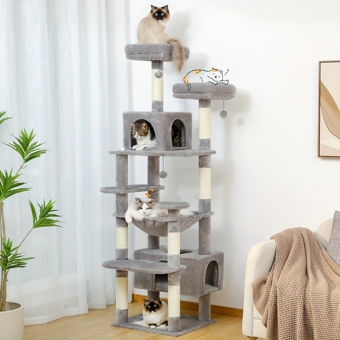 PAWZ Road Grand Arbre et  de 184 cm pour Chats d'Intérieur - avec Poteaux à Griffer en Sisal, Perchoirs Rembourrés, Condos et Panier