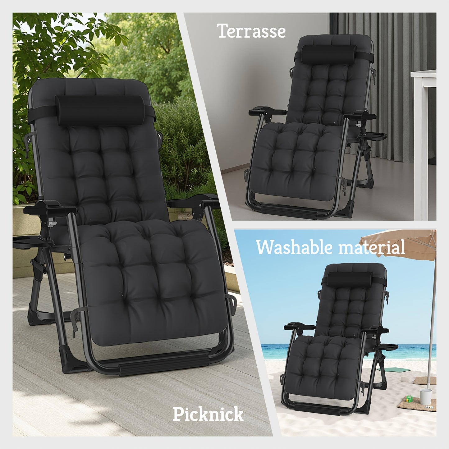 Chaise longue de détente zéro gravité surdimensionnée, 72 cm extra large, inclinable pliable et réglable, capacité de 500 lbs/200 kg, coussin détachable en coton doux avec appui-tête, porte-gobelet, noir gris, pour jardin, terrasse, balcon, patio extérieu