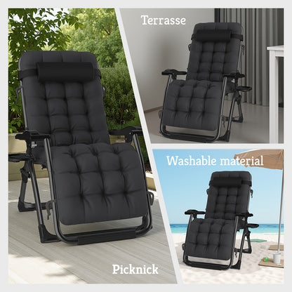 Chaise longue de détente zéro gravité surdimensionnée, 72 cm extra large, inclinable pliable et réglable, capacité de 500 lbs/200 kg, coussin détachable en coton doux avec appui-tête, porte-gobelet, noir gris, pour jardin, terrasse, balcon, patio extérieu