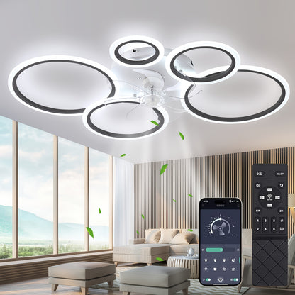 Lampe avec ventilateur moderne LED dimmable, plafonnier avec éclairage silencieux réversible pour salon, télécommande et application, 6 vitesses, minuterie, DC-blanc