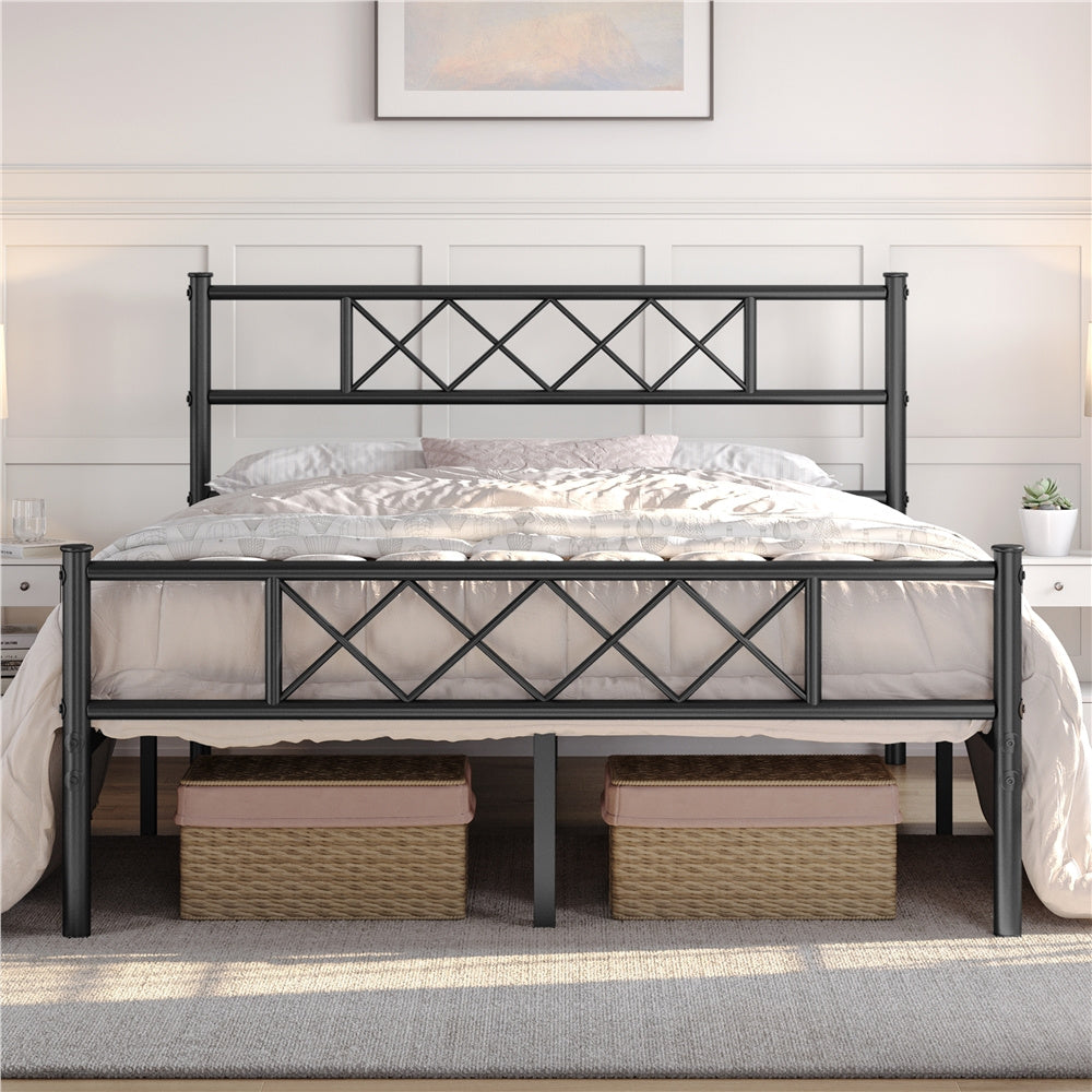 Costoffs Cadre de Lit en Métal Moderne - Structure à 6 Pieds avec Tête de Lit Design en Forme X - Sommier à Lattes Métalliques et Grand Espace de Rangement Sous-lit - Idéal pour Chambre d'Invite, Dortoir ou Appoint - Style Industriel Élégant