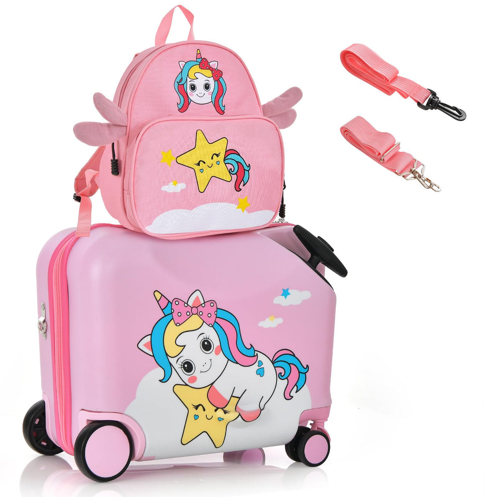 Ensemble valise + sac à dos pour enfants 2 pièces, valise à roulettes et coque rigide 12"+18" pour enfants, bagage pour enfants, valise à roulettes avec sac à dos pour garçons et filles (Licorne)