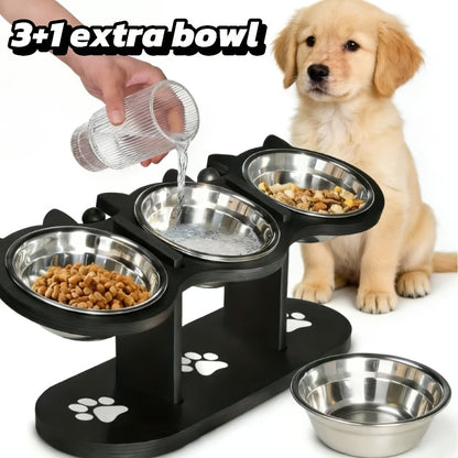 Ensemble de Gamelle surélevée pour Chat avec 4 Bols en Acier Inoxydable - Gamelle Inclinée à 15°, Hauteur Réglable avec Support Noir, Cadeau Idéal pour les Propriétaires d'Animaux