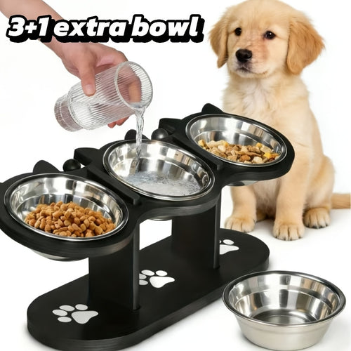 Ensemble de Gamelle surélevée pour Chat avec 4 Bols en Acier Inoxydable - Gamelle Inclinée à 15°, Hauteur Réglable avec Support Noir, Cadeau Idéal pour les Propriétaires d'Animaux