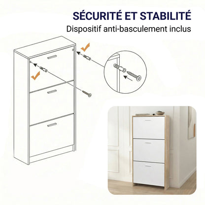 Meuble à chaussures avec 3 compartiments à abattant, armoire de rangement en bois pour jusqu'à 18 paires, organisateur d'entrée peu encombrant