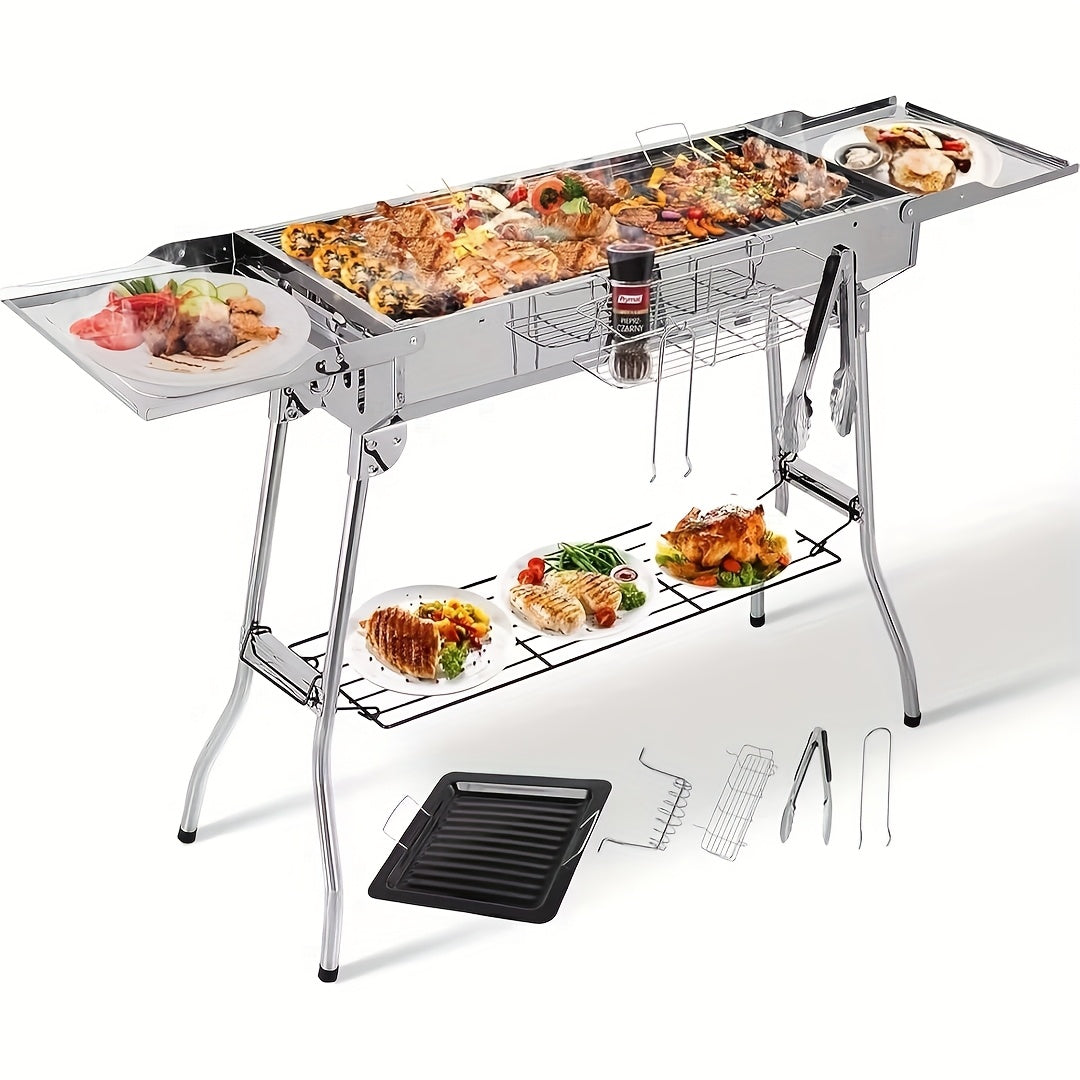 Barbecue au charbon XXL (122 X 30 X 75 cm), Barbecue portable au charbon de bois, Barbecue pliable en acier inoxydable, Barbecue BBQ au charbon de bois avec poêle antiadhésive, Ouvrages de ventilation réglables, Barbecue de camping pour jardin, cour arriè
