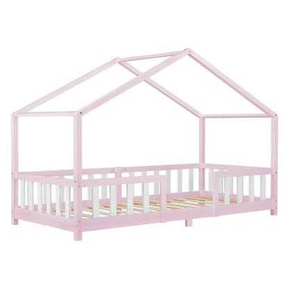 Lit pour enfants Treviolo de style maison avec protection contre les chutes en bois de pin
