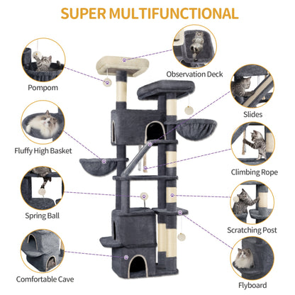 Grand Griffoir pour Chat 185 cm Stable avec 6 Poteaux à Griffer, 3 Grotto, 2 Plateformes d'Observation, 2 Paniers, 4 Balles en Peluche, Griffoir Multiniveau pour Chat