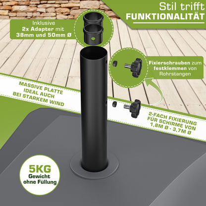 Tillvex® Support de Parasol GRAVIA avec Roues et Freins | Support de Parasol Remplissable 37 Litres / 56 kg | Adapté aux Parasols de Soleil et de Marché Ø 1,8-3,7 m | Roulable, Résistant aux Intempéries et aux UV pour Balcon, Terrasse, Jardin, Petits et G