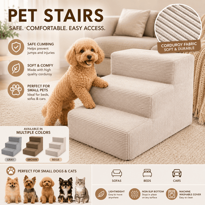 Escalier pour chiens et chats – 3 marches, velours côtelé doux, dessous antidérapant, housse amovible, rampe, plateforme