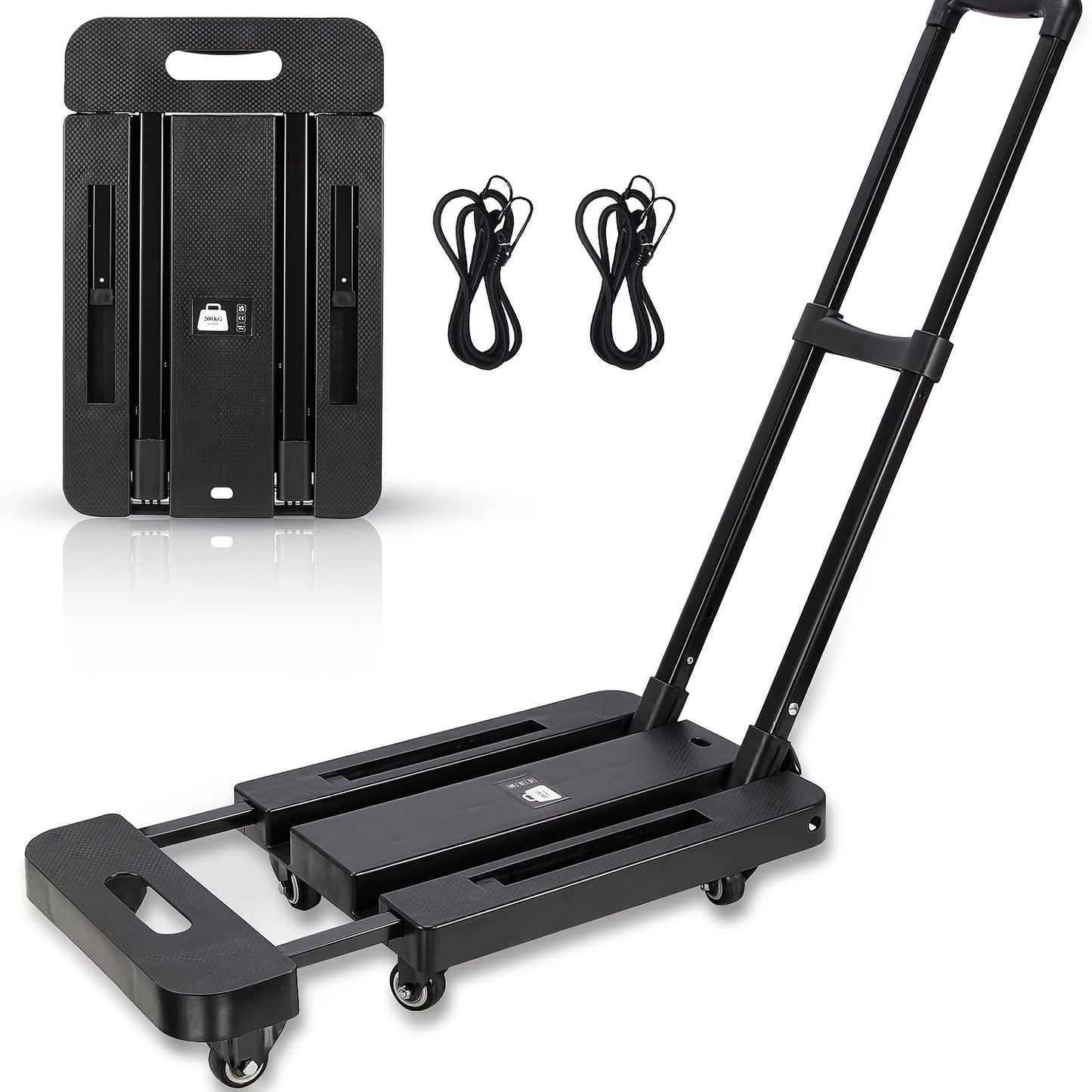 Chariot pliable avec 2 cordes élastiques, 6 roues, capacité 200 kg, pour bagages, voyages, courses, déménagement et bureau
