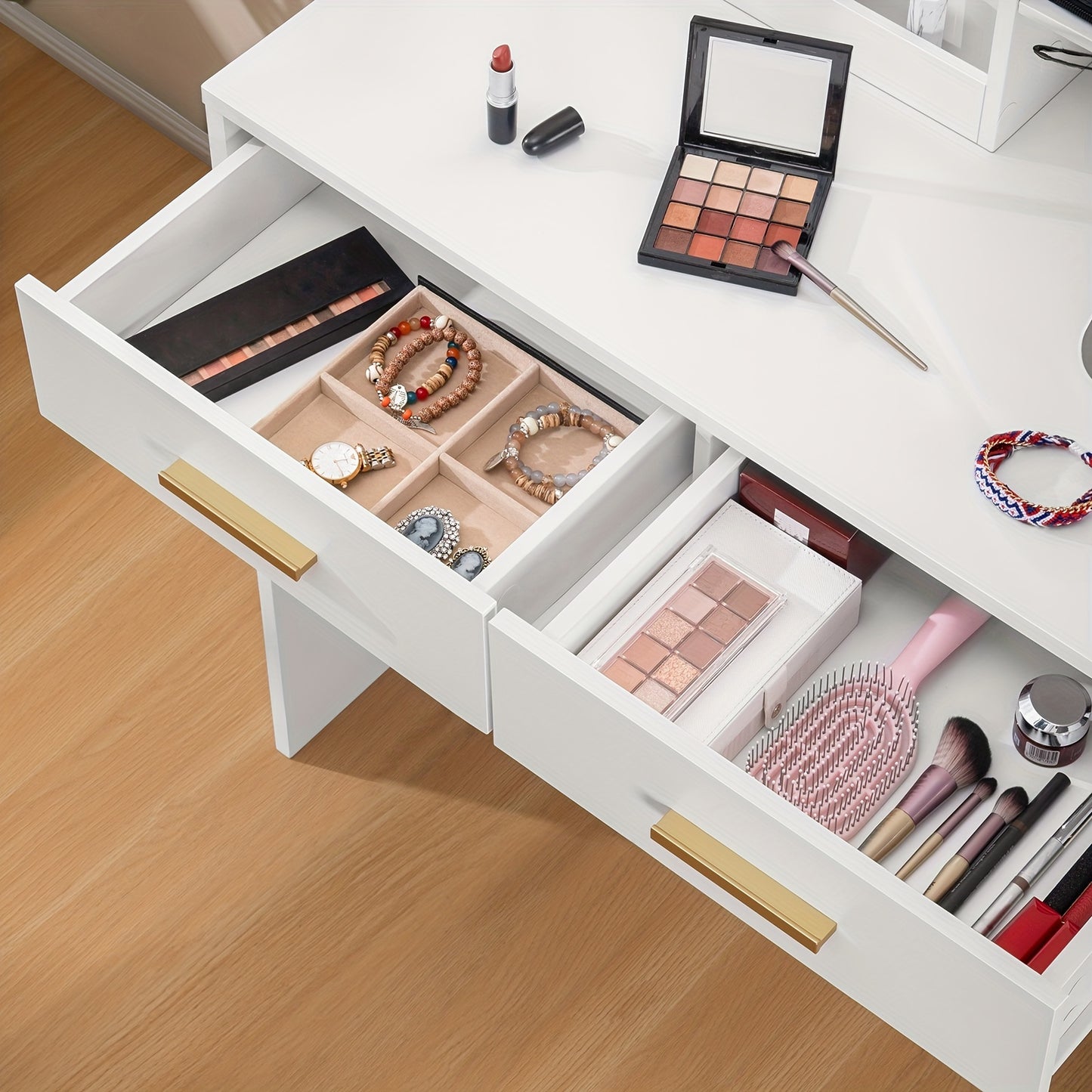 Table à toilette avec miroir, unité de toilette avec 4 étagères ouvertes et 2 compartiments, table à toilette avec 2 tiroirs, pour chambre à coucher, salon, ne comprend pas le tabouret