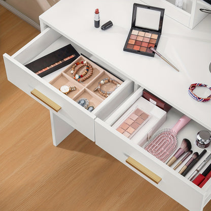 Table à toilette avec miroir, unité de toilette avec 4 étagères ouvertes et 2 compartiments, table à toilette avec 2 tiroirs, pour chambre à coucher, salon, ne comprend pas le tabouret