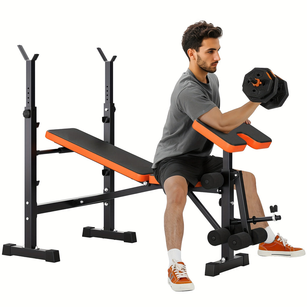 Ensemble de banc de musculation à poids réglable pesant 272.16 KG, comprenant un support de squat, un banc d'entraînement avec développeur de jambes et un preacher curl, conçu pour une utilisation en salle de sport à domicile en noir et orange