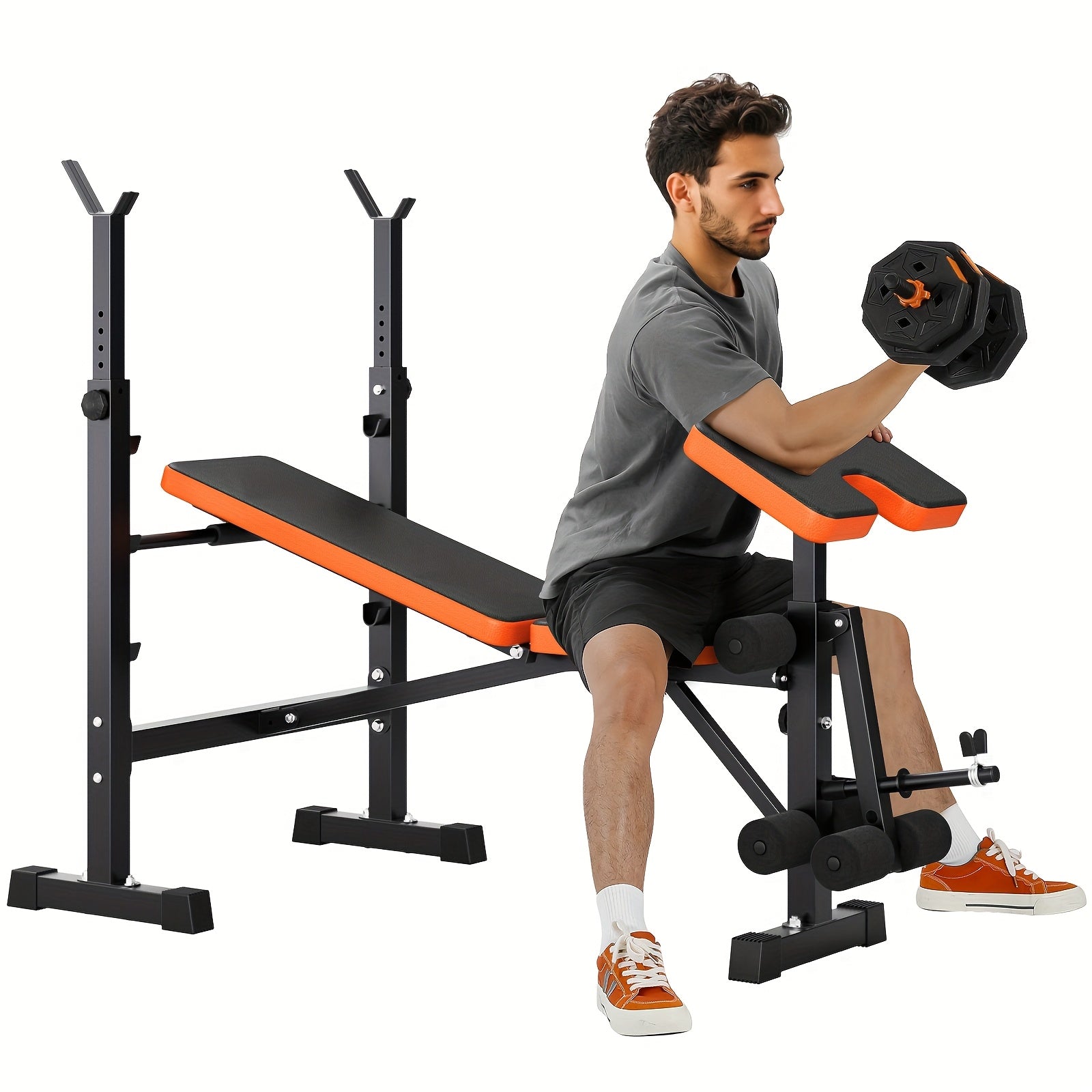 Ensemble de banc de musculation à poids réglable pesant 272.16 KG, comprenant un support de squat, un banc d'entraînement avec développeur de jambes et un preacher curl, conçu pour une utilisation en salle de sport à domicile en noir et orange