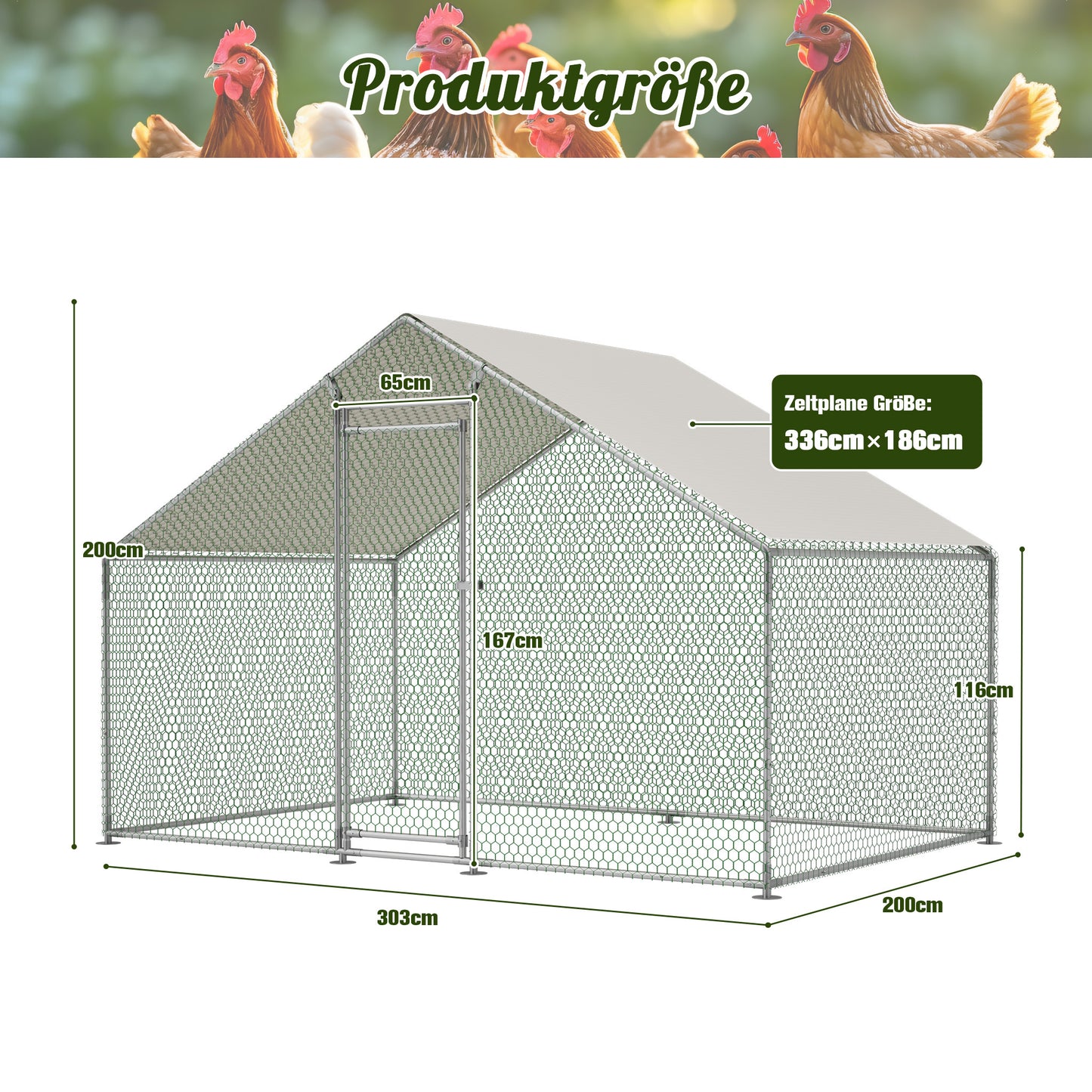 Poulailler 3X2M Cage à Poulets Enclos Extérieur pour l'Élevage en Liberté, Enclos Extérieur avec Serrure de Sécurité, Filet Revêtu et Toit en PE, Enclos pour Poulets, Canards, Lapins et Autres Petits Animaux.