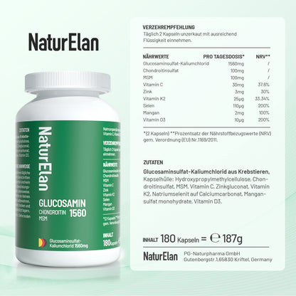 Glucosamine 1560 Chondroitine haute dose - 180 capsules avec MSM et vitamine C, sans additifs, fabriqué en Allemagne