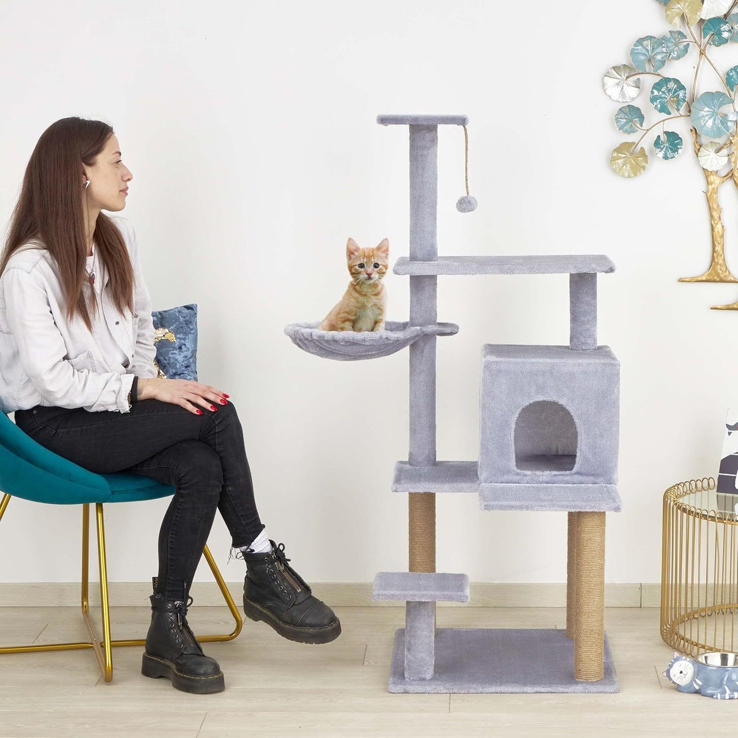 Baroni arbre à gratter pour chat en couleur marron | crème | gris 75X22X49 pouces (ou 75X55X49 pouces), arbre à gratter pour chaton, 4 niveaux avec hamac à balle et lit rectangulaire, jouet interactif pour chats et chatons pour une utilisation en intérieu