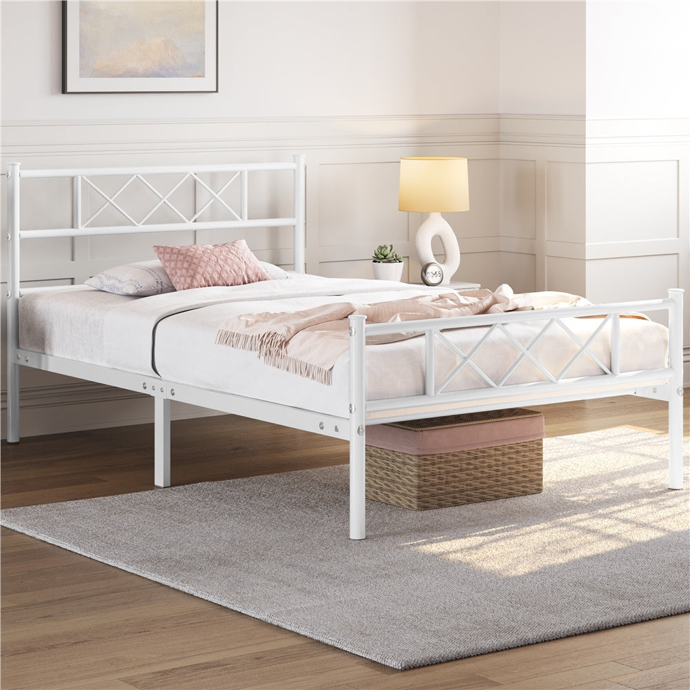 Costoffs Cadre de Lit en Métal Moderne - Structure à 6 Pieds avec Tête de Lit Design en Forme X - Sommier à Lattes Métalliques et Grand Espace de Rangement Sous-lit - Idéal pour Chambre d'Invite, Dortoir ou Appoint - Style Industriel Élégant