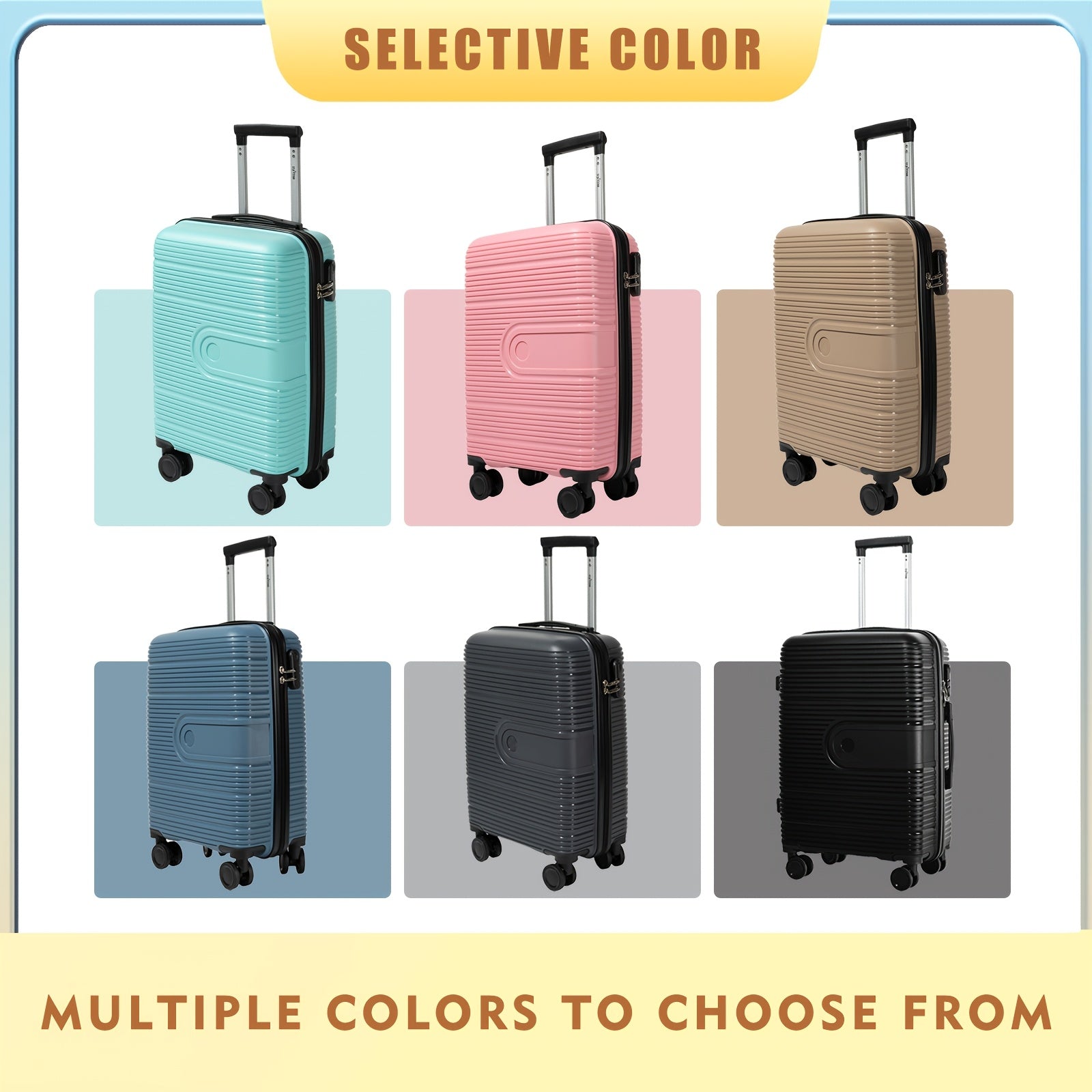 Valise PP de 20 pouces avec 6 couleurs vives, fermeture éclair lisse, sac en maille respirante, boucle fixe, cadenas à combinaison, levier réglable et roulettes à 360° pour un voyage pratique