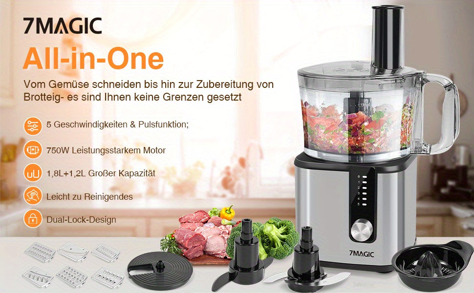 Robot culinaire 11 en 1 en acier inoxydable, robot pâtissier 750W, machine à pâte 1.8L, robot 1.2L, 5 niveaux de vitesse, avec hachage, mélange, pétrissage, broyage, fouet, extraction de jus