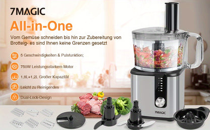 Robot culinaire 11 en 1 en acier inoxydable, robot pâtissier 750W, machine à pâte 1.8L, robot 1.2L, 5 niveaux de vitesse, avec hachage, mélange, pétrissage, broyage, fouet, extraction de jus
