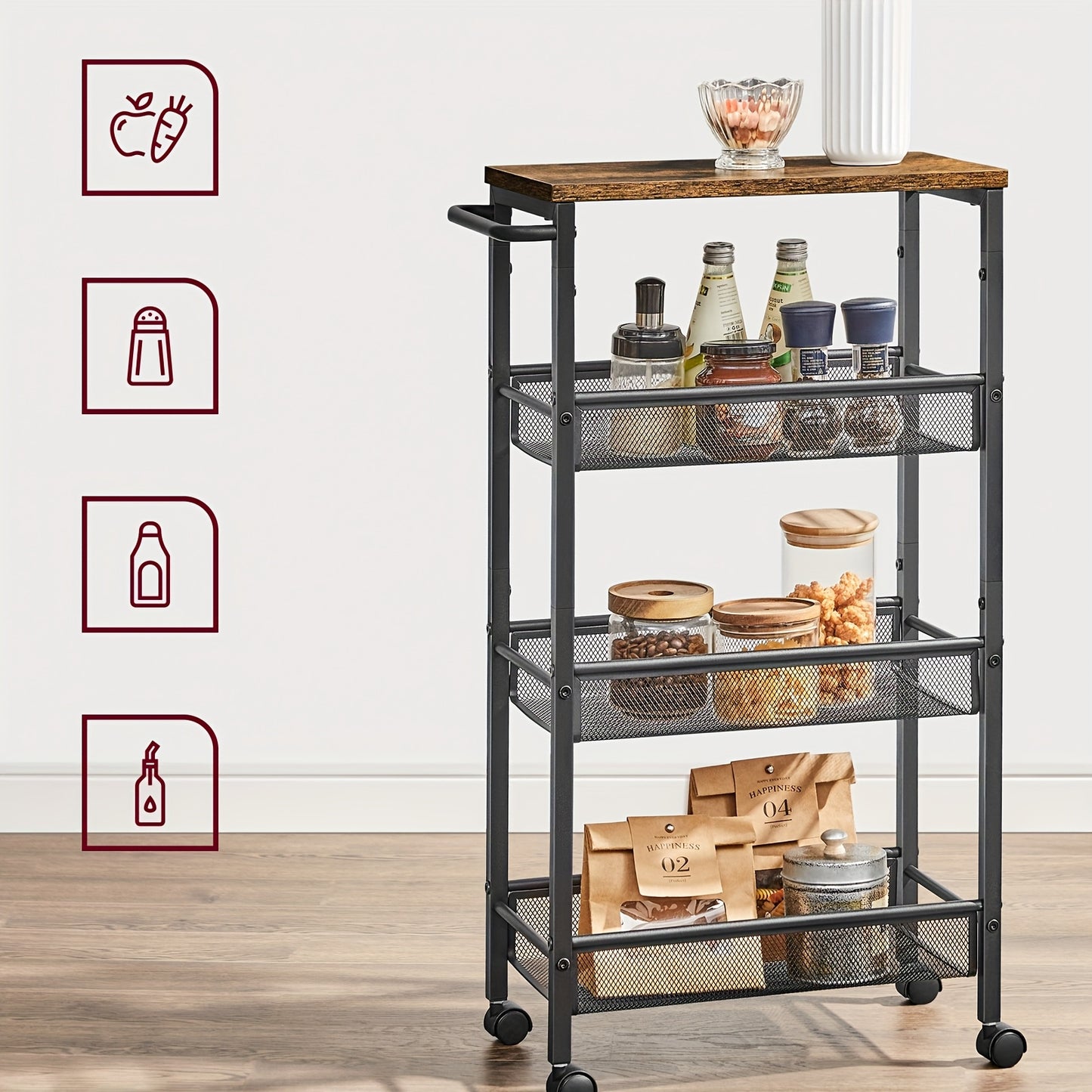 Chariot à 4 Étagères, Chariot de Cuisine Gain de Place avec Roulettes, Cadre en Acier, Poignée, pour Petits Espaces – Cuisine Salle de Bain Salon Studio