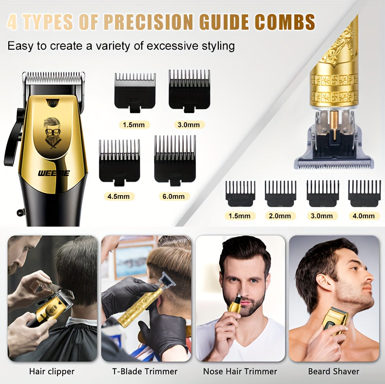 WEEME Ensemble de 4 tondeuses à cheveux électriques dorées pour hommes, outils de toilettage à domicile comprenant une tondeuse à cheveux électrique, un rasoir, un tondeuse à poils de nez et un tondeuse de précision, parfait pour la maison, la voiture ou