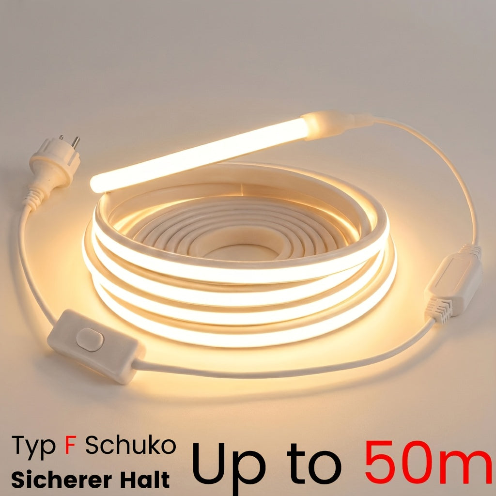 Ruban LED COB 220V 230V, Lampe d'éclairage intérieur flexible, 288 LED par mètre, Ruban adhésif à haute luminosité, Disponible en blanc ou blanc chaud pour la décoration de cuisine et de salle, Comprend une prise et un interrupteur EU