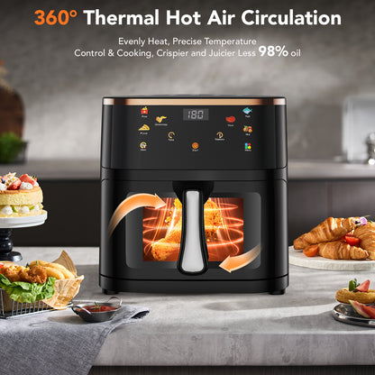 Friteuse à air visible avec fenêtre 10.5L, Technologie à air rapide, 90% moins d'huile, Économie d'énergie, 7 profils prédéfinis, Antiadhésive, Lavable au lave-vaisselle, Affichage numérique, Bouton +1 minute, Puissance 1800W
