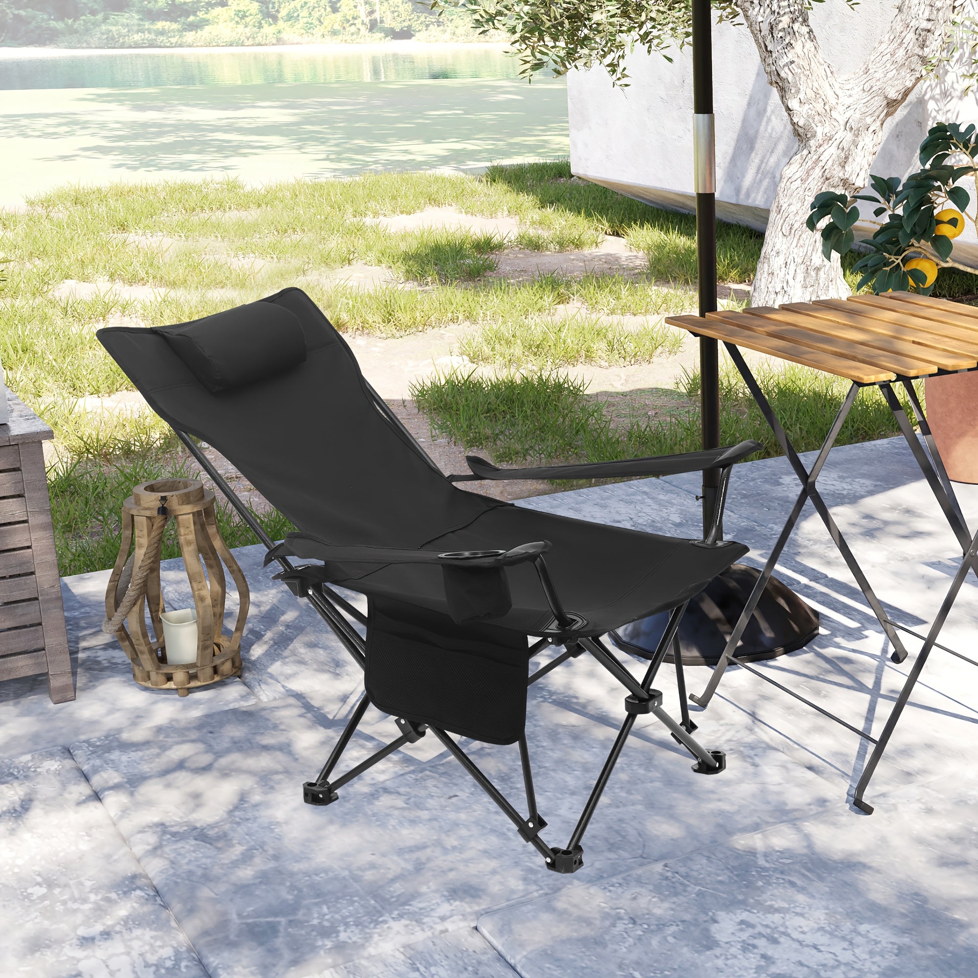 Chaise de pêche et de camping pliante multifonctionnelle 3-en-1 pour extérieur, portable, avec dossier, porte-gobelet, deux sacs de rangement, capacité de charge élevée 150 kg pour la pêche en eau vive, la randonnée, le camping, gris, noir, beige